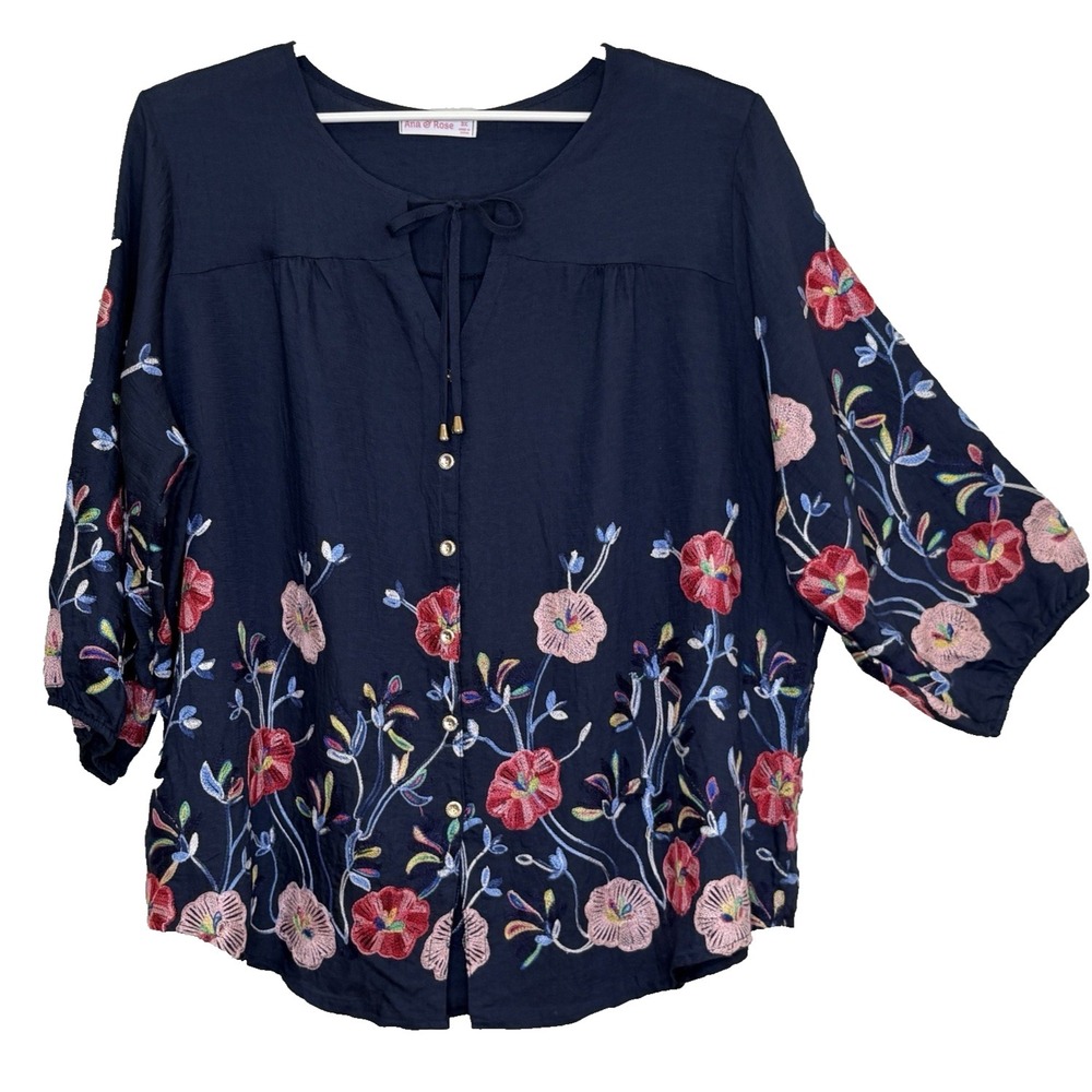 Ana & Rose Button Front Top Size 3X Dark‎ Blue Embroidered Floral Round Tie Neck